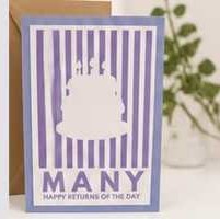 Stripy purple card saying Many happy Returns of the Day