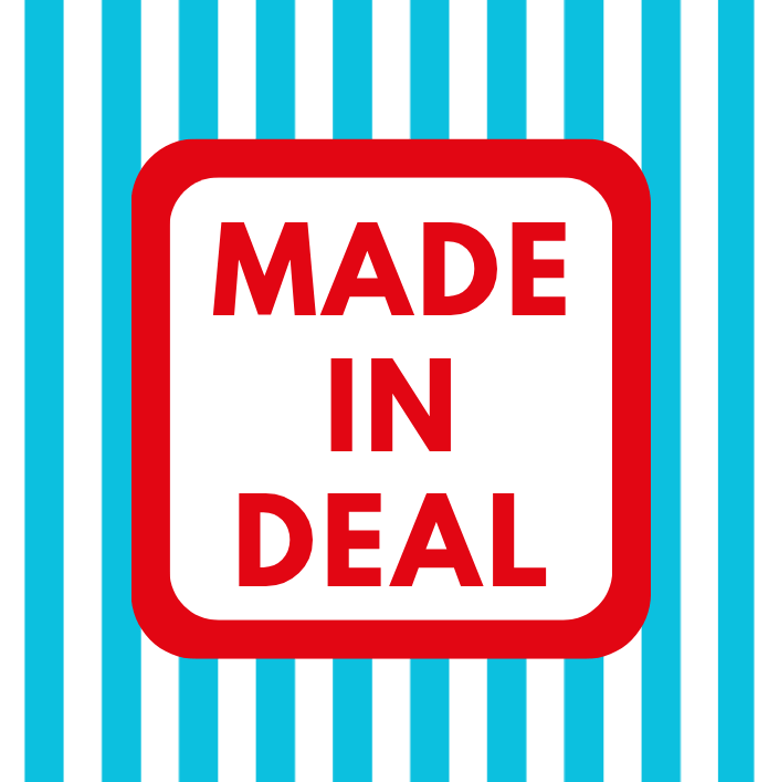 Stripy card saying made in Deal